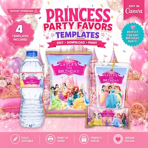 Prinsesspaket med 4 presenter: Chips, vatten, juice och ris. Redigerbart i CANVA.
