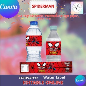 May include: Printable water bottle labels featuring Spiderman. The labels are red and black with a Spiderman graphic and the text "Happy 3rd Birthday Kamal".