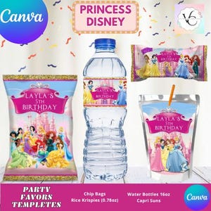 Princess bundle 4 favors: Chips, water, juice and rice. Editable in CANVA.