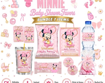 Baby Minnie Mouse bundle 7 favors: Chips, water and more. Editable in CANVA.