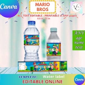 Sjabloon voor waterflesetiketten voor Mario-verjaardag, zelf bewerken in CANVA. Feestpakket. Online sjabloon.