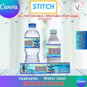 Party Labels - Stitch-Water Bottle Labels Template, EDIT Yourself in CANVA. Party Kit. Online template.