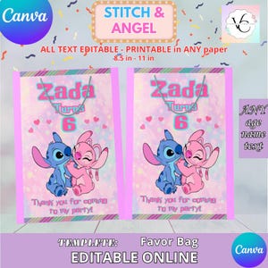 Stitch and Angel Favor bags template, Edit Yourself in CANVA. Party Kit. Instant dowload