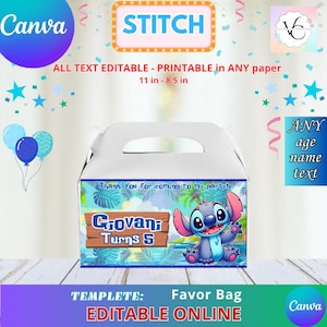 Party Labels - Stitch - Gable box template, Edit Yourself in CANVA. Party Kit. Instant download