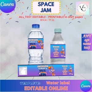 May include: Printable water bottle labels featuring Bugs Bunny from Space Jam. The labels are purple, blue and orange with the text "Jackson Turns 6 Space Jam".