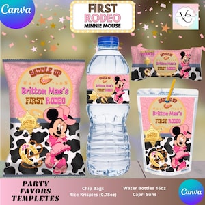 May include: Pink party favor templates featuring Minnie Mouse in a cowgirl outfit. The set includes chip bags, water bottle labels, and Capri Sun labels. The text reads "First Rodeo" and "Saddle Up".