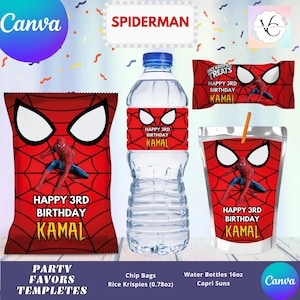 May include: A set of party favor templates featuring a Spiderman theme. The templates include a chip bag, a water bottle label, a juice box, and a small treat bag. Each template features a red and blue Spiderman design with the text "Happy 3rd Birthday Kamal".
