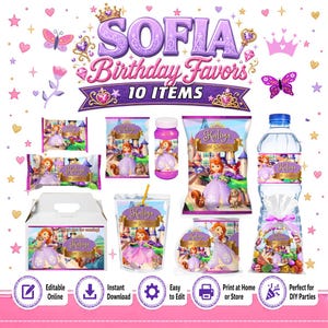 Princess Sofia Birthday Party 10 favors: Chips, water, juice, rice and more. Editable in CANVA.