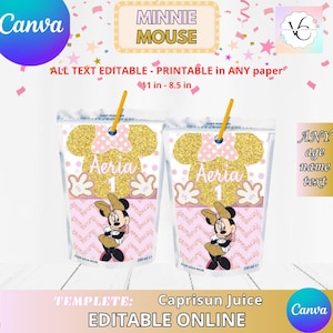 May include: Two juice pouches with Minnie Mouse designs. Each pouch features a gold glitter Minnie Mouse head, a pink bow, and the name "Aeria" with the number "1." The pouches are 11 inches by 8.5 inches.