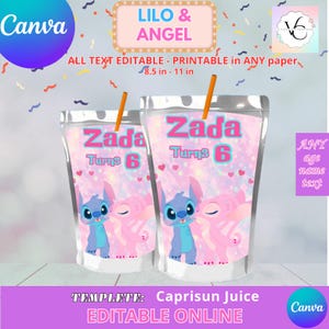 Lilo and Angel Juice Labels Template, capri sun EDIT Yourself in CANVA. Party Kit. Online template.