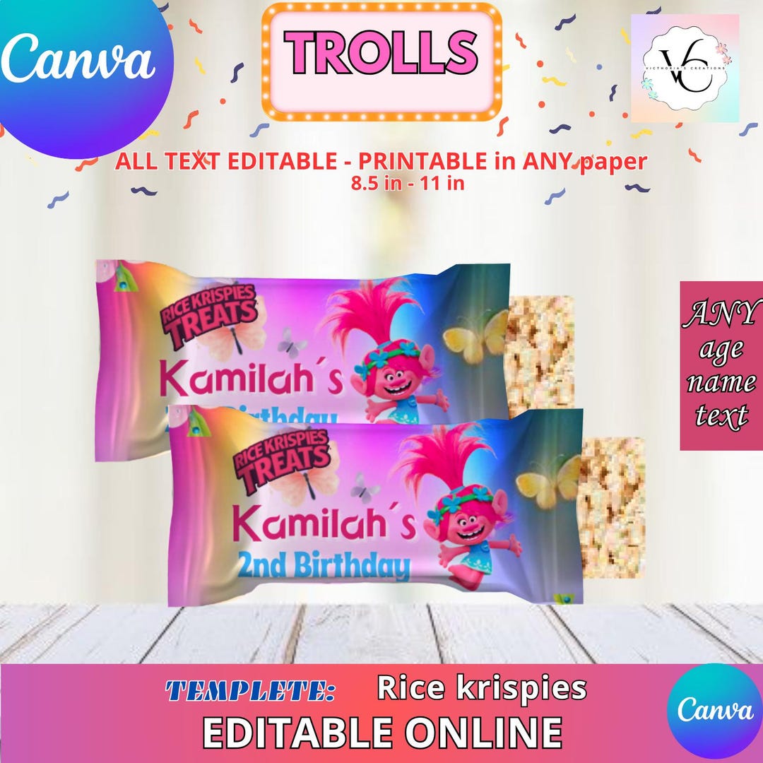 Troll Paper Labels Party Labels - Trolls - Rice Krispies Treats Template, EDIT Yourself in ...