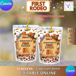 First Rodeo Birthday - Juice Labels Template, capri sun EDIT Yourself in CANVA. Party Kit. Online template.