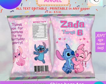 Stitch and Angel chips bag Template, EDIT Yourself in CANVA. Party Kit. Online template.