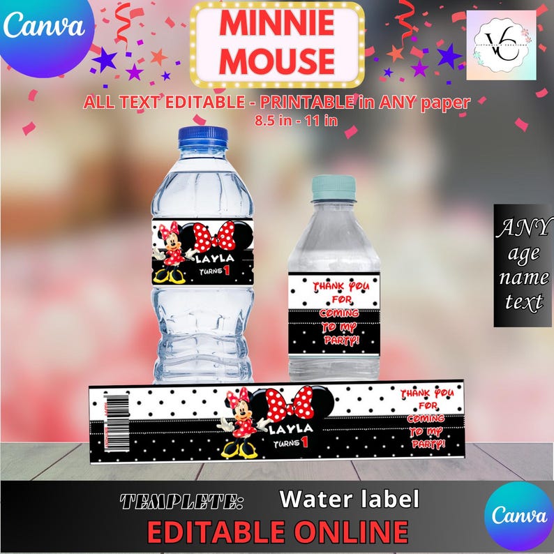 Puede incluir: Plantilla de etiqueta de botella de agua imprimible con Minnie Mouse con lunares rojos y fondo de lunares blanco y negro. El texto de la etiqueta dice "&iexcl;Gracias por venir a mi fiesta!" y "Layla cumple 1 a&ntilde;o".