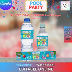 Pool Party - - Water Bottle Labels Template, EDIT Yourself in CANVA. Party Kit. Online template.
