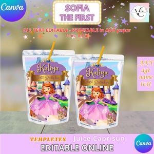 Może przedstawiać: Dwa woreczki z sokiem o tematyce księżniczki, z imieniem "Kaliya" i "First Birthday". Woreczki mają tło zamku i ilustrację księżniczki. Widoczny jest tekst "ALL TEXT EDITABLE - PRINTABLE in ANY paper". Każdy woreczek zawiera 200 ml.