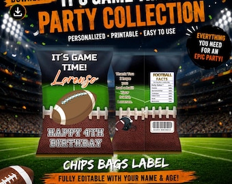Football Birthday - chips bag Template, EDIT Yourself in CANVA. Party Kit. Online template.