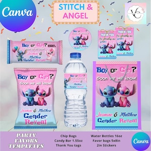 Può includere: Una collezione di modelli di bomboniere con i personaggi Stitch e Angel. I design includono sacchetti di patatine, involucri di barrette di cioccolato, etichette per bottiglie d'acqua, sacchetti di bomboniere e adesivi, tutti con un tema di rivelazione di genere. Il testo include "Boy or Girl?" e "Gender Reveal."