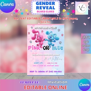 May include: A gender reveal invitation featuring Pink and Blue characters. The invitation includes the text "Pink or Blue?" and details for the event, including the date, time, and location. The invitation is 5in x 7in.