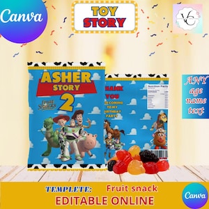 May include: Blue Toy Story-themed fruit snack bags with the text "Asher Story 2" and "Thank You for Coming to My Birthday Party." The bags feature Toy Story characters and a variety of colorful fruit snacks.