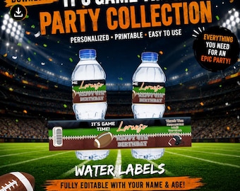 May include: Two clear plastic water bottles featuring custom labels with a football theme. The labels display the text IT'S GAME TIME, Lorenzo, HAPPY 4TH BIRTHDAY, and a football graphic. The design includes green and brown colors.