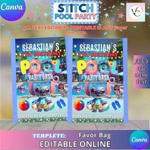 Stitch Pool Party - Favor bags template, Edit Yourself in CANVA. Party Kit. Instant download