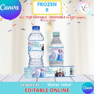 Frozen Water Bottle Labels Template, EDIT Yourself in CANVA. Party Kit. Online template.