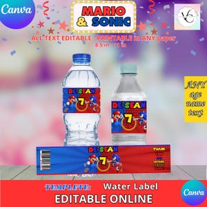 Mario and sonic Birthday- Water Bottle Labels Template, EDIT Yourself in CANVA. Party Kit. Online template.