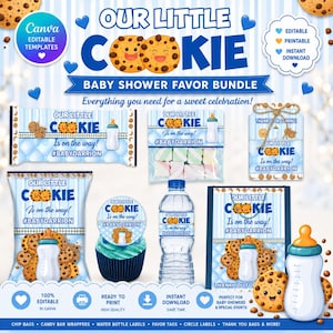 May include: A baby shower favour bundle with a blue and white theme. The design includes the text "Our Little Cookie" and illustrations of cookies, baby bottles, and hearts. The bundle includes chip bags, candy bar wrappers, and water bottle labels.