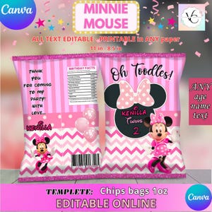 K&ouml;nnte beinhalten: Druckbare Chipst&uuml;tenvorlage mit Minnie Mouse mit rosa und wei&szlig;en Punkten und einem rosa Chevron-Muster. Der Text "Oh Toodles!" und "Kenilla Turns 2" ist enthalten. Die Vorlage ist 28 cm x 21,5 cm gro&szlig;.