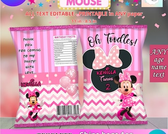 Party Labels - Minnie Mouse - chips bag Template, EDIT Yourself in CANVA. Party Kit. Online template.