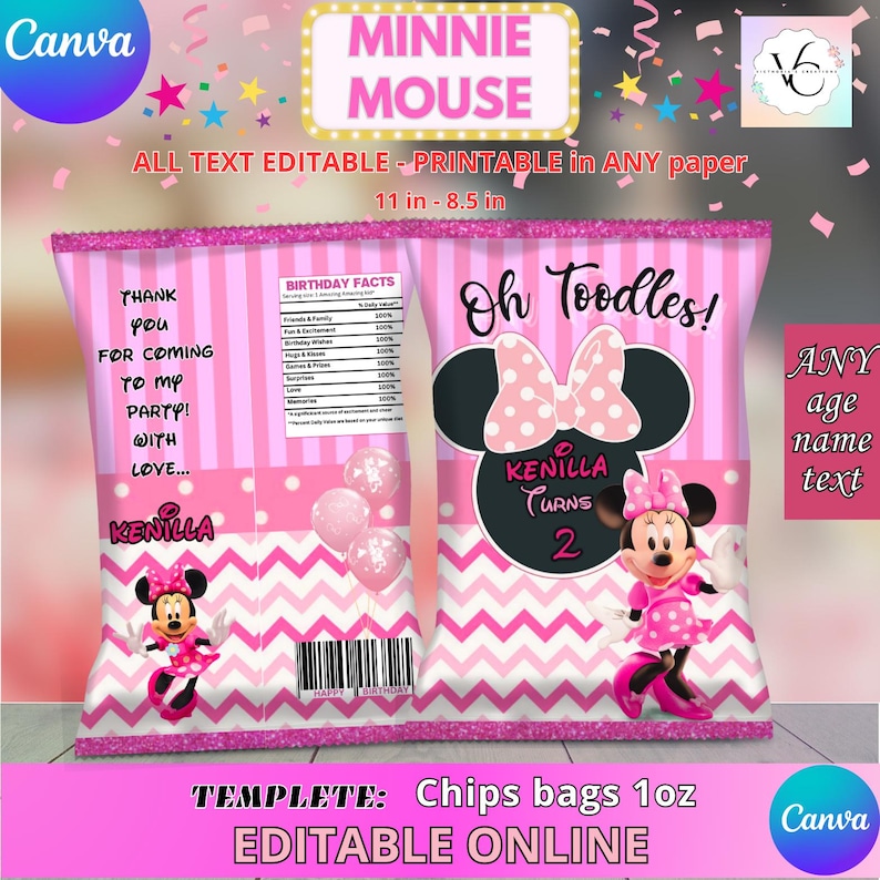 K&ouml;nnte beinhalten: Druckbare Chipst&uuml;tenvorlage mit Minnie Mouse mit rosa und wei&szlig;en Punkten und einem rosa Chevron-Muster. Der Text "Oh Toodles!" und "Kenilla Turns 2" ist enthalten. Die Vorlage ist 28 cm x 21,5 cm gro&szlig;.