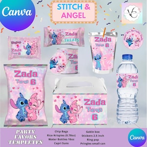 Stitch and Angel bundle 8 favors: Chips, water, juice and more. Editable in CANVA.