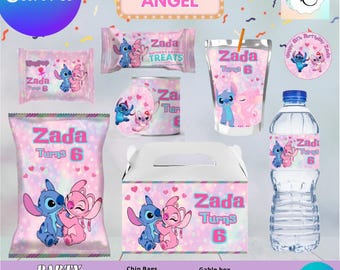 Stitch and Angel bundle 8 favors: Chips, water, juice and more. Editable in CANVA.