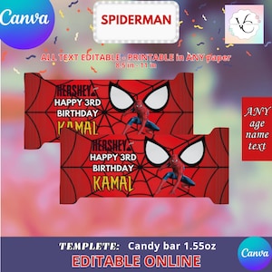 Może przedstawiać: Drukowany szablon opakowania batonika Spiderman do batonika o wadze 1,55 uncji. Szablon zawiera czerwony i czarny wzór Spidermana z tekstem "HERSHEY'S HAPPY 3RD BIRTHDAY KAMAL". Szablon ma rozmiar 8,5 cala na 11 cali i jest edytowalny online.