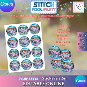 Stitch Pool Party - Stickers 2.5in Template, EDIT Yourself in CANVA. Party Kit. Online template