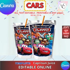 May include: Two red and silver juice pouches with a Cars theme. The pouches feature Lightning McQueen and other Cars characters. The text on the pouches reads "Happy Birthday David 3".