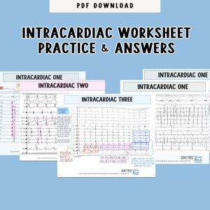 Könnte beinhalten: Ein hellblauer Hintergrund mit dem Text "PDF DOWNLOAD" oben. Der Titel "INTRACARDIAC WORKSHEET PRACTICE & ANSWERS" ist in fetten schwarzen Buchstaben geschrieben. Mehrere Arbeitsblätter werden angezeigt, die jeweils mit "INTRACARDIAC ONE", "INTRACARDIAC TWO" und "INTRACARDIAC THREE" beschriftet sind.