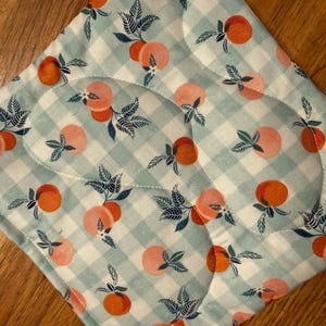 May include: A quilted pot holder with a light blue and white checkered pattern. The pot holder is decorated with orange peaches and dark blue leaves. The pot holder has a curved shape.