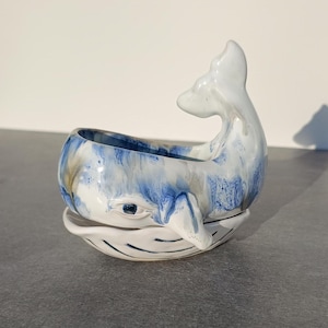 May include: A ceramic whale planter with a blue and white glaze. The whale is shaped like a bowl with a spout for drainage. The planter is ideal for small plants or succulents.