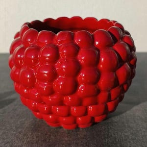 Può includere: Un vaso di terracotta rosso con una superficie testurizzata che ricorda un lampone. Il vaso è rotondo e ha un'ampia apertura.
