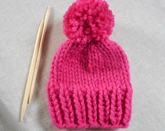 Preemie/ Small Newborn Pom Pom Hat//Hand Knitted Baby Hat// Hand Knit Baby Hat//Preemie Beanie//Chunky Knit Baby Hat