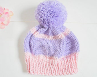 3-6 Mos. Baby Hat/Knit Baby Hat/Infant Hat/Hand Knit Baby Hat/Lavender and Pink Baby Hat/Baby Beanie/Knitted Beanie