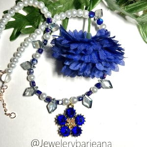Sapphire Blue Pearl Necklace: Cobalt & Ice Blue Kite Beads, 18&quot;