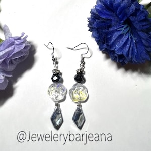 Crystal Rose Drop Earrings: Blue Beveled Beads, Silver Accents, Handmade Dangles