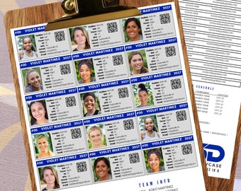 May include: A wooden clipboard holding a customizable team roster template with player photos, names, and QR codes. The document includes a team info section, a schedule, and the text COLLEGE COACH APPROVED, designed for 8.5 x 11 inch paper.