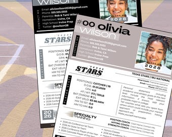 Può includere: Un modello di scheda profilo giocatore personalizzabile per atleti, caratterizzato da un layout in bianco e nero con sezioni per contatti personali, statistiche, riconoscimenti accademici e un programma estivo con foto.