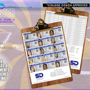 May include: Wooden clipboard with a team roster template. The roster includes player photos and information. Text on the clipboard reads "Customizable Team Roster" and "College Coach Approved". The design is for coaches and athletes in the recruiting process.