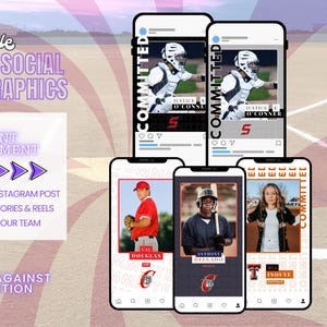 May include: Customisable team social media graphics for college commitment announcements. Includes Instagram post and stories templates. Features baseball player photos on smartphone mockups. Text includes "Committed".