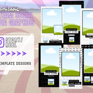 May include: A digital graphic design featuring six social media templates for team sports. The templates include space for photos, names, school logos, and the text "Committed". The design also includes the text "Customizable Team Social Media Graphics".